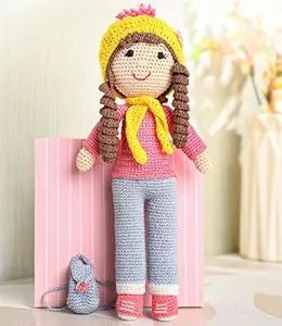 premium crochet doll with bag for girls & boys, cute knitted cotton doll for babies, baby doll for kids, soft toys, 6+ months, birthday gift, height 27 cm, pink & blue