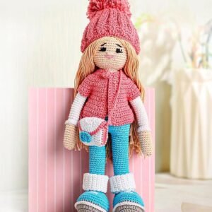 premium crochet doll with bag for girls & boys, cute knitted cotton doll for babies, baby doll for kids, soft toys, 6+ months, birthday gift, height 27 cm, pink & blue