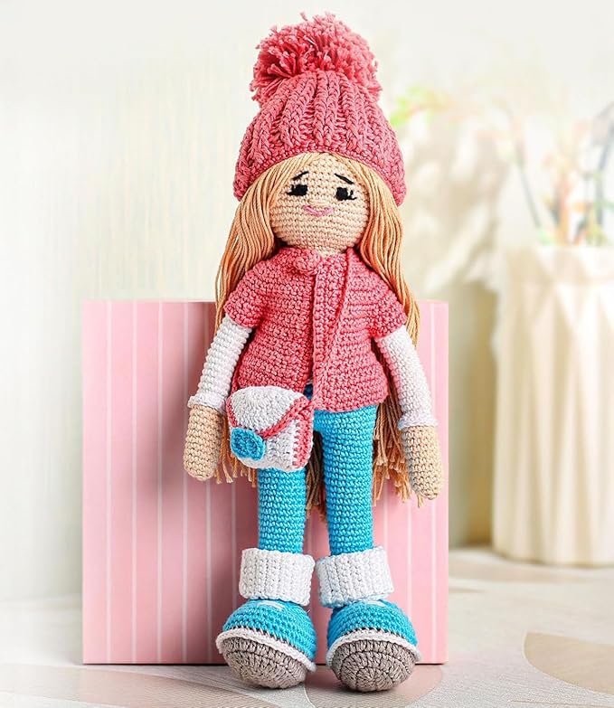 premium crochet doll with bag for girls & boys, cute knitted cotton doll for babies, baby doll for kids, soft toys, 6+ months, birthday gift, height 27 cm, pink & blue premium crochet doll with bag for girls & boys, cute knitted cotton doll for babies, baby doll for kids, soft toys, 6+ months, birthday gift, height 27 cm, pink & blue
