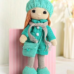 remium crochet doll with bag for girls & boys, cute knitted cotton doll for babies, baby doll for kids, soft toys, 6+ months, birthday gift, height 27 cm, pink & blue